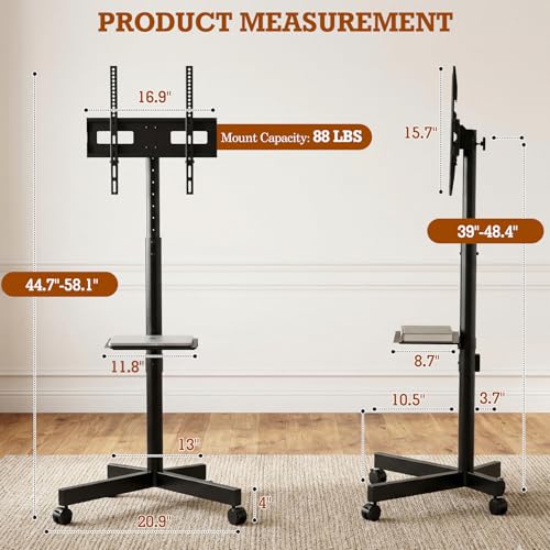 SIMINGTEC Rolling TV Stand on Wheels for 23-60 inch Flat/Curved TVs – Black with Shelf