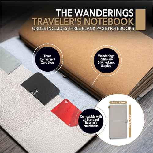 WANDERINGS Regular Size Travelers Notebook with Pockets - 4.5"x8.5" / 11.5cm x 22cm - Refillable Travelers Journal - A Beautifully Handcrafted Leather Journal in Oat, 100 GSM Blank Inserts