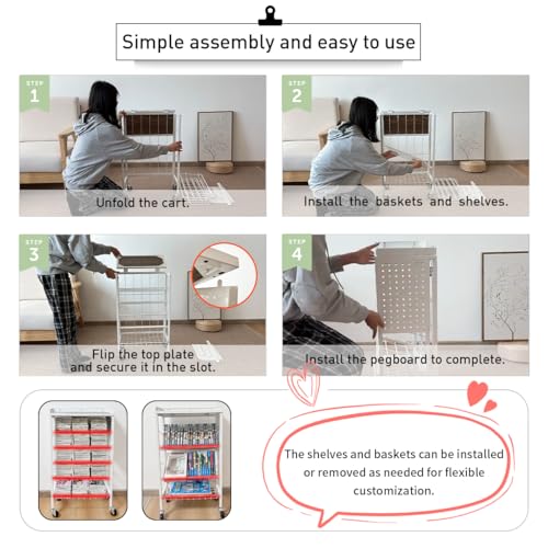 Lumizone Foldable Book Cart 6-Tier Large Capacity Bookshelf Single Sided V-Shaped Sloped Shelves With brake Wheels With PegBoard Slim Rolling Utility Cart Storage Rack, Home Shelves and Office (White)