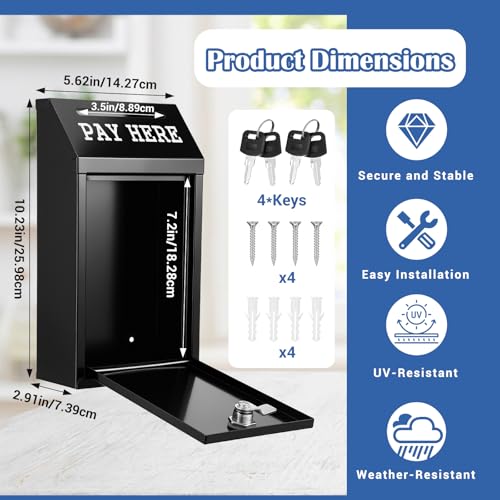 Wall Mount Locking Cash Box for Donations & Security - Black Metal Safe