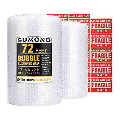 Bubble Cushioning Wrap Roll, Sumono 12 Inch x 72 Feet Total [2 Rolls of 36 Feet] Bubble Roll Perforated 12 Inch Included 20 Fragile Sticker Label