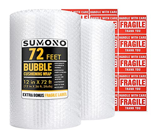 Sumono Bubble Cushion Wrap Roll 12in x 36ft (2 Rolls, 72ft Total) with Fragile Stickers