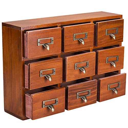 Wooden Drawer Organizer for Desktop - Vintage Apothecary Cabinet w/ 9 Drawers - Wood Desk Organizer - Home Office Desk Organizers and Accessories - Tabletop Chest of Drawers for Bedroom Organization