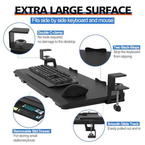 Large Keyboard Tray Under Desk Slide Out with Sturdy C-Clamp Mount and Storage Drawer, 27" (31" Including Clamps) x 12" Ergonomic Keyboard Trays for Home and Office, Black