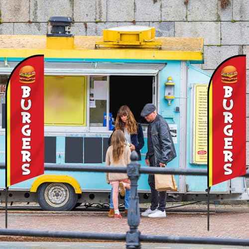 2 Set 7ft Burgers Restaurant Feather Flag Banner Advertising Swooper Flag with Pole Kit and Ground Stake for Burger Restaurant Business Outdoor Decor Events Promotion