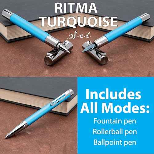 Monteverde Ritma 3+2 Piece Gift Set, Turquoise - Includes Stub Nib Fountain Pen, Rollerball, Ballpoint, 30ml Ink & Refill - Premium Writing Set for Calligraphy & Art Enthusiasts
