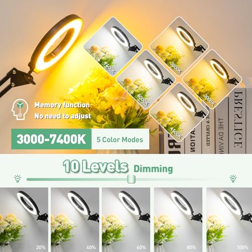 12X & 30X Magnifying Glass with Light, Ultra Long 3 Section Swing Arm LED Desk Lamp with Large Clamp, 5 Color and Brightness Hands Free Magnifier Light and Stand for Workbench Crafts Soldering