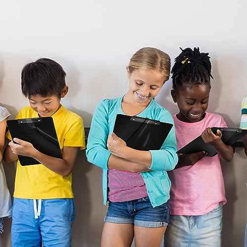 25 Pack Plastic Clipboards Black Clip Boards with Low Profile Metal 12.5 x 9 Inch Letter Size Bulk Class Set Black Acrylic Hanging Hook - Holds 100 Sheets