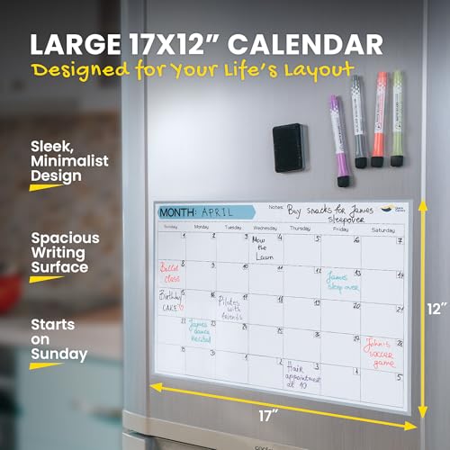 Quick Canary Magnetic Fridge Calendar - 17x12¡± Stain-Resistant Dry Erase Board - Starts Sunday, Strong Magnet, Organizes 2025 Family Events, Routines, Reminders - With 4 Markers & Eraser