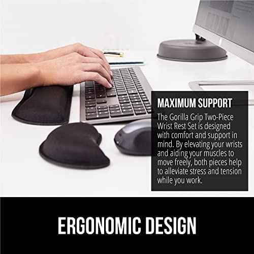 GORILLA GRIP Silky Memory Foam Wrist Rest for Computer Keyboard, Mouse, Ergonomic Design for Typing Pain Relief, Desk Pads Support Hand and Arm, Mousepad Rests, Stain Resistant, 2 Piece Pad, Black