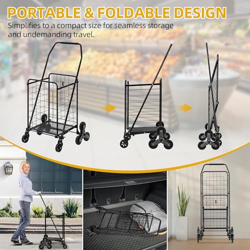DWVO Folding Stair Climber Shopping Cart, Tri-Wheel Design & 360¡Æ Swivel Wheels, Ideal Heavy Duty Utility Cart for Shopping, Laundry, Travel & Stairs for Seniors