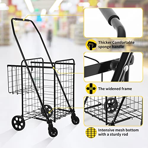 Folding Shopping Cart with Waterproof Liner, Grocery Cart Large Bag with Top Cover, 200 Lb Capacity, Utility Cart with 360¡Æ Rolling Swivel Wheels, Medium & Extra Basket