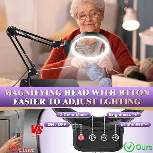 10X 30X Large Magnifying Glass with Light and Stand, 5-inch Lighted Magnifier, 72 LED 3 Color Modes Stepless Dimmable, Hands-Free Magnifying Glass Desk Lamp for Reading Craft Hobby Close Work Black