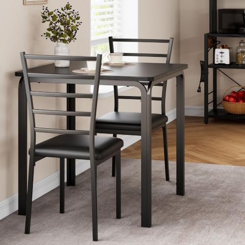 GarveeHome 3-Piece Dining Set for Small Spaces – Square Table with 2 Upholstered Chairs, Black