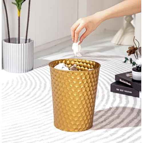 Small Metal Trash Can Wastebasket, Decorative Honeycomb Garbage Can Waste Basket, Modern Farmhouse Round Trash Bin for Bathroom, Bedroom, Kitchen and Office (Gold)