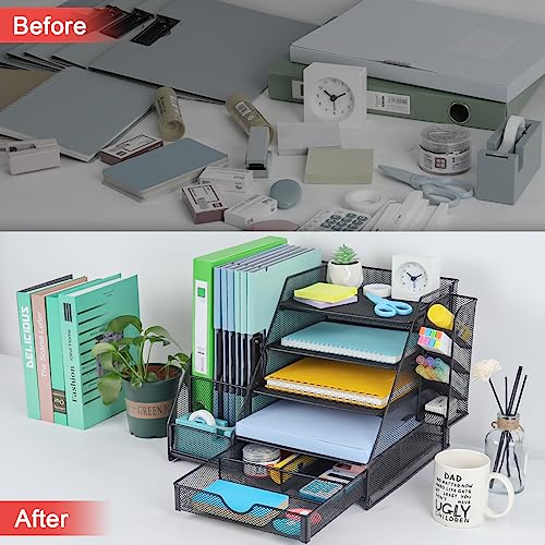 GALASALA Mesh Desk Organizer, 5 Tier Paper Letter Tray with Extra Vertical File Sorter, Sliding Drawer and Pen Holders for Desk Accessories Office Supplies, Black