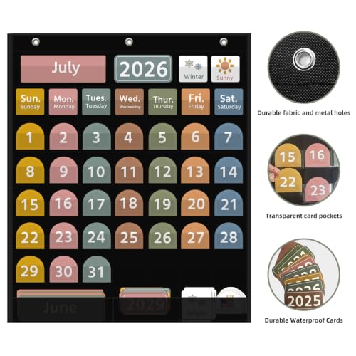 REGELETO Black Boho Calendar Pocket Chart for Classroom & Home, 32.25 x 24.125 inch