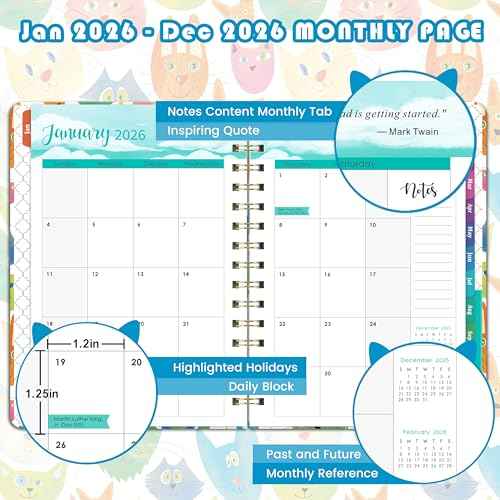 2026 Planner - 2026 Planner Weekly and Monthly, Jan.2026 - Dec.2026, 12 Month Planner Weekly & Monthly with Colourful Tabs, 6.4" x 8.5", Hardcover + Back Pocket - Cat