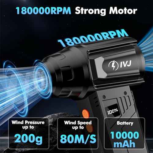 IVJ Compressed Air Duster, 180000RPM Super Power Cordless Electric Air Duster with LED Light Rechargeable 4 Gear Adjustable Mini Air Duster, Dust Blower for Computer, Keyboard, House, Outdoor and Car