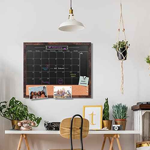 TORASO Magnetic Chalkboard Calendar Corkboard, 17.7" x 21.6" Combination Chalk Board Bulletin Board, Walnut Brown Framed Blackboard Calendar Cork Combo Board(ZHHB-BN-4555)