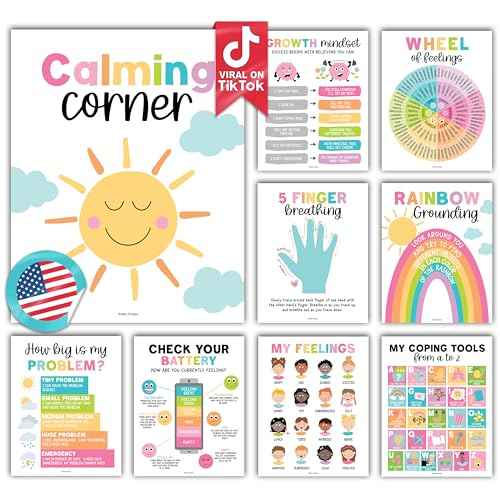 Hadley Designs 9 Calming Corner Posters For Classroom Must Haves For Teachers - 11x14 Calm Down Corner Supplies, Feelings Chart For Kids Ages 4-8, Feelings Wheel Poster, Pastel Classroom Decor
