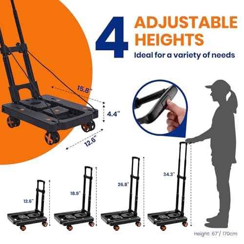 Folding Hand Truck, Dolly Cart with 4 Wheels & 2 Elastic Ropes, Adjustable Handle Foldable Dolly, Lightweight Portable Hand Cart for Luggage, Travel, Shopping, Moving, Airport, Office