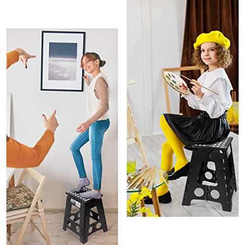 Delxo 16 Inch Folding Step Stool,Foldable Stool for Adults with Safety Lock,Portable Collapsible Plastic Stepstool,Non Slip Folding Stools for Kitchen Bathroom Bedroom Up to 400LBS,(Black 1PC)