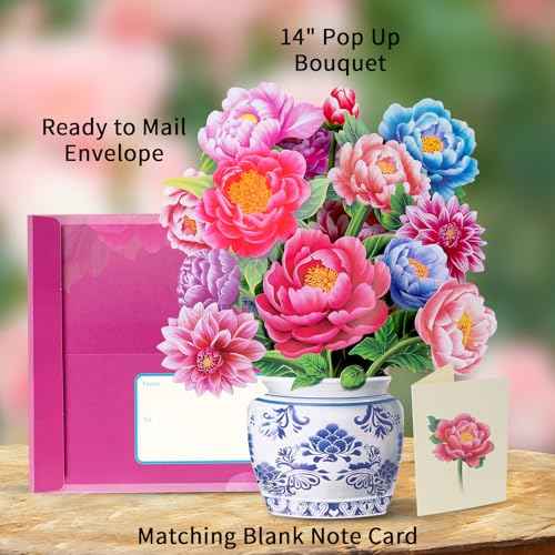 Airpark Pop Up Flower Card, 3D Paper Flowers Bouquet ? 14" Peony, Birthday, Mother¡¯s Day, Get Well Greeting Cards with Note Card & Envelope