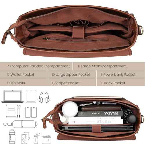 Mens messenger bag 17 inch, Waterproof Faux Leather Laptop Briefcase Large Computer Laptop Bag Leather Satchel Bag Retro Shoulder Bag for Office Business Travel College Brown