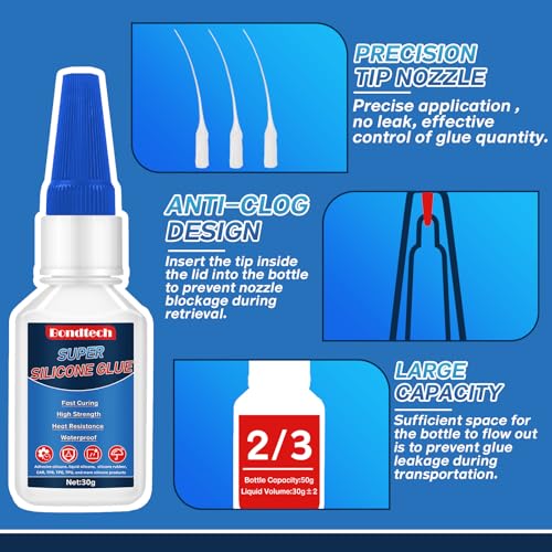 Bondtech Clear Silicone Glue 30g - Instant Bond for Silicone, Rubber, TPU & More (Anti-Clog Cap) 1 Pack