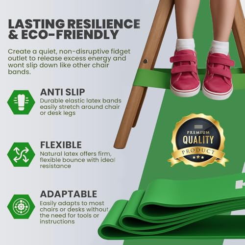 Green Chair Bands for Kids Fidgety Feet 12 Pack - Anti-Slip Desk Bands for Classroom & Home