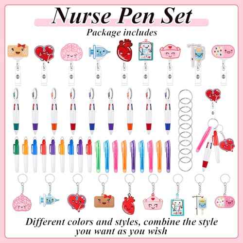 Henoyso 108 Nurse Badge Reel Pens Mini Highlighter Pens Bulk Pediatric Nursing Week Appreciation Gifts Accessories Retractable for CNA Medical Health Hospital Women Graduation (Classic)