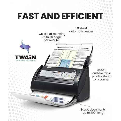 Plustek PS188 High Speed Double-Sided Color Document Scanner, with Automatic Document Feeder (ADF), 30 Pages Per Minute, Support Windows 7/8/10/11