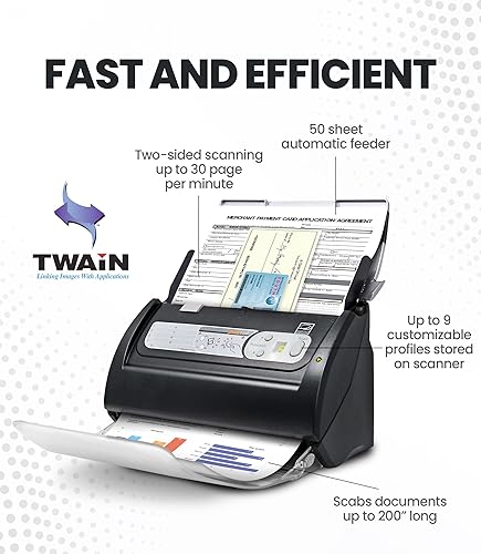 Plustek PS188 High-Speed Duplex Document Scanner 30 PPM with 50-Sheet Feeder