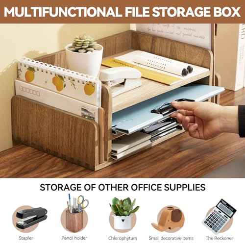 KIRIGEN Wood Desk Organizer 5 Trays - Desktop Document Letter Tray for Folders, Mail,File -Nature 3-Tier Office Mail Sorter Organizer Rack/Telephone Stand/Document Holder Dark Brown(2TP-DBR)