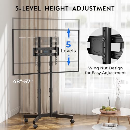 BONTEC Rolling TV Stand for 32-70 Inch TVs, Height Adjustable Mobile TV Cart on Wheels, Heavy Duty TV Stand Supports Up to 110lbs, Stable Dual-Column Design, Cable Management, Indoor, Outdoor