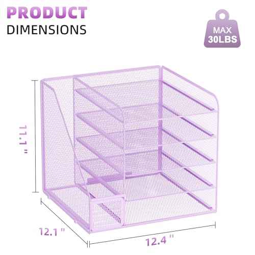 Marbrasse Desk Organizers and Accessories, 5-Tier Paper Letter Tray Organizer with File Holder, Mesh File Organizer, Office Desk Accessories & Organization for Supplies (Purple)