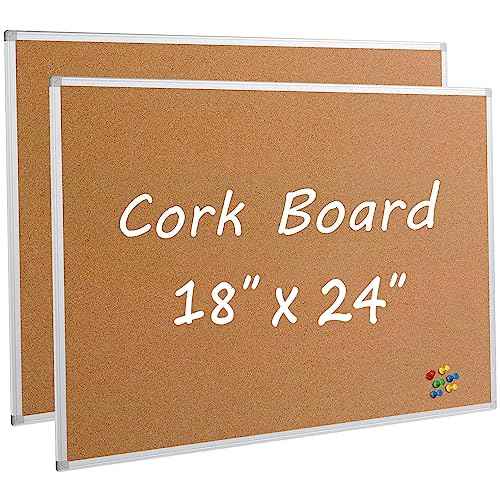 Board2by 2-Pack Cork Board Bulletin Board 24 x 18, Silver Aluminium Framed Corkboard, Office Board for Wall Cork, Large Wall Mounted Notice Pin Board for Home, Office and School