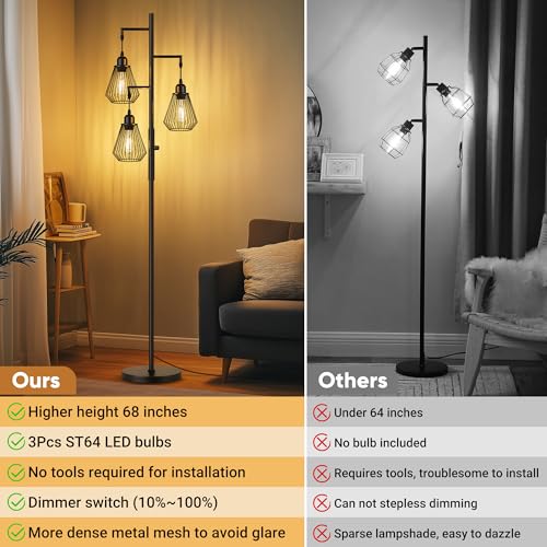 QiMH Industrial Floor Lamps for Living Room, Tree Standing Lamp with Stepless Dimmable, 68" Modern Tall Stand up Lamps for Bedroom Study Office, E26 Socket, 3 LED Bulb Included, Black