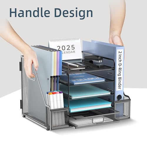 SUPEASY Mesh Desk Organizer with File Holder, 5-Tier Paper Letter Tray Organizer with Magazine Holder, Desktop Organizer and Storage with Drawer for Office Supplies Home or School, Black