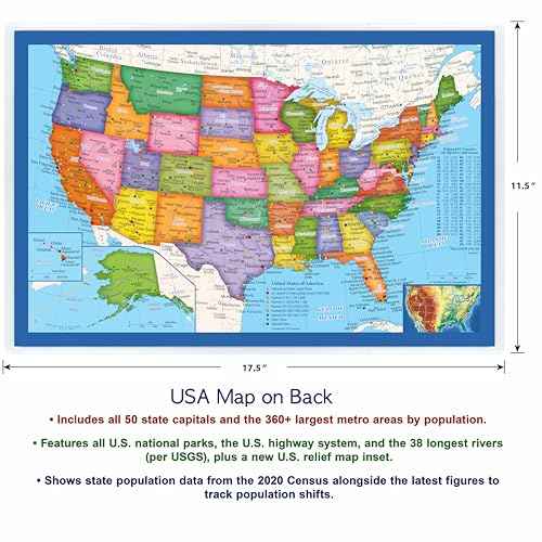 2-Sided Desk Map with Durable Lamination (1 Pack : US & US Centered World 17.5 x 11.5 inches)