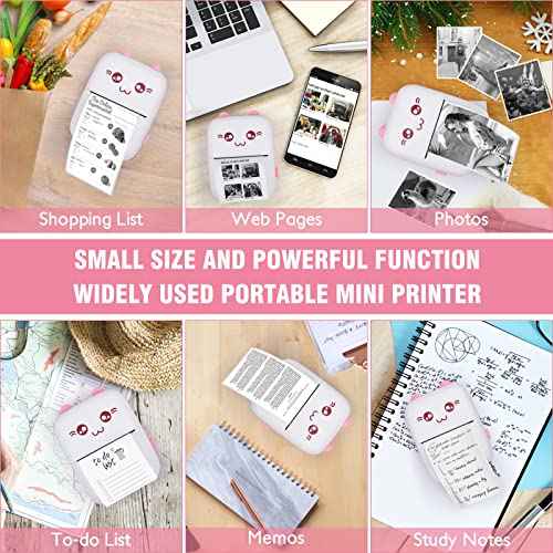 Eschen Pocket Mini Printer, Portable Printer with 6 Rolls Printing Paper for iOS Android Smartphone, Label Receipt Sticker Photo List Notes Inkless Printing Gift, Pink