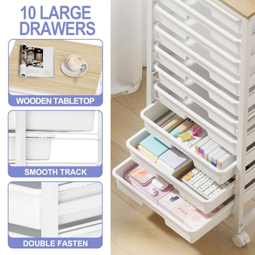 SYKIARIOL Rolling Cart with 10 Drawers - White, Metal Wood Plastic, Lockable Wheels