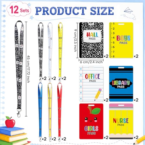 24 Pack School Hall Pass Lanyards with PVC Composition Notebook Design for Students & Teachers
