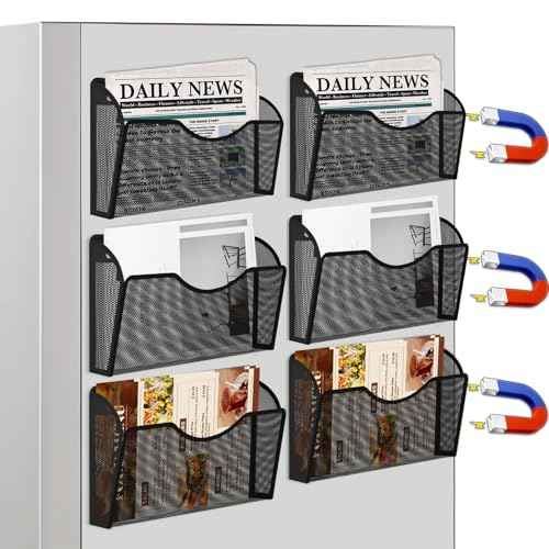 6 Pack Magnetic File Holder, Magnetic Pocket Wall File Holder, Mesh Wall Paper Organizer, Vertical Mail Basket, Storage Organization Magazine Rack for Office, Home and School