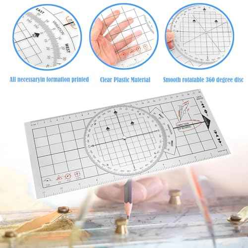 3 Pcs Basic Navigation Set - Marine Navigation Primary Tools,Include 16 Inch Marine Parallel Ruler,Nautical Protractor and 6 Inch Marine Fixed Points Divider for Boat