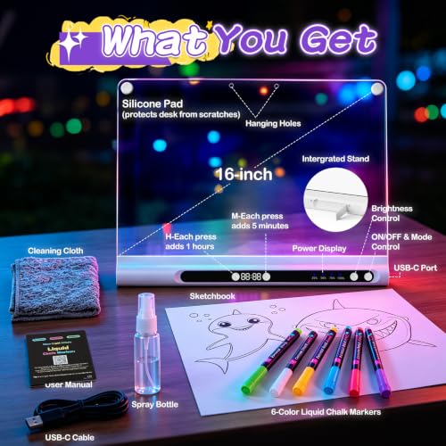 Bailkind 16" White Rechargeable LED Drawing Board for Kids with 9 Colors & Accessories