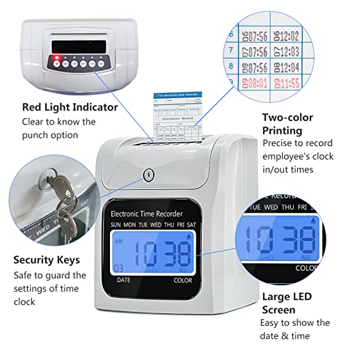 Employee Time Clocks for Small Business, Auto-Align Time Clock Punch Machine with 50-Piece Time Cards, Two Security Keys, and One Ink Ribbon Cartridge