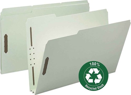 Smead 100% Recycled Pressboard Fastener File Folder, 2 Fasteners, 1/3-Cut Tab, 2" Expansion, Legal Size, Gray/Green, 25 per Box (20004)