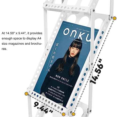 Foldable Magazine Rack with 4 Pockets, Portable Brochure Display Stand for Office, Trade Shows, and Exhibitions, Includes Carrying Bag, White
